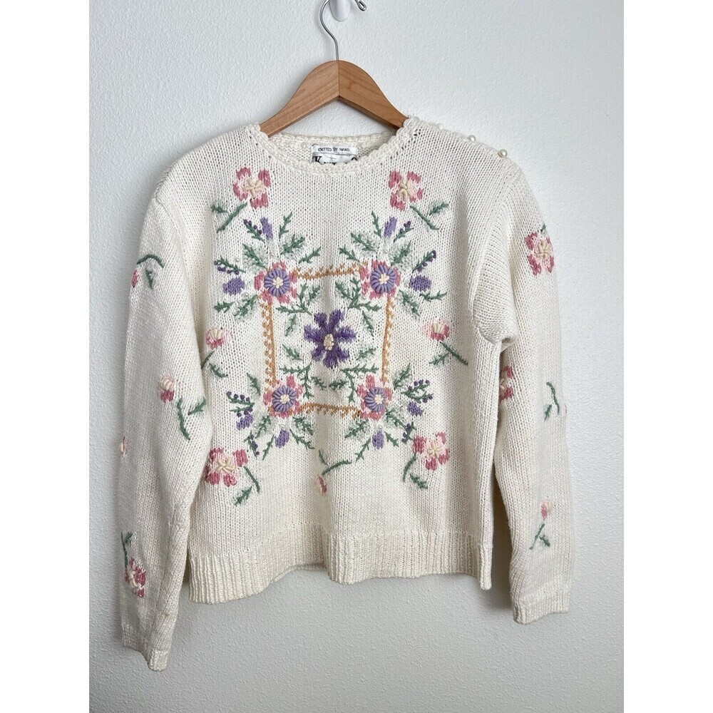 VTG Floral Embroidered Chunky Sweater Handmade Knit Pearl Button Cottage Granny